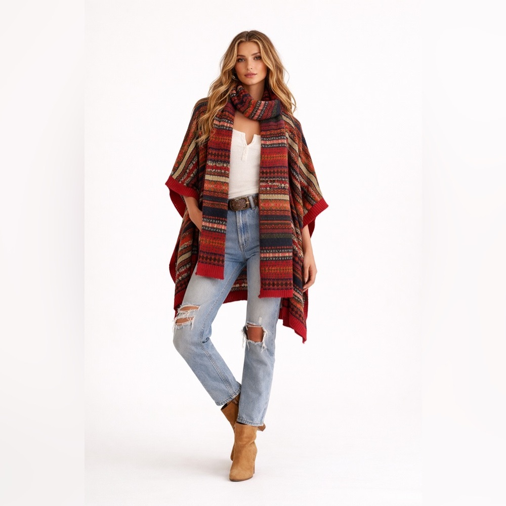 Dorothy Perkins Fair Isle Shawl Wrap Scarf Sweater Poncho Boho Red Size S/M